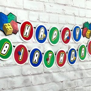 Building Block Birthday Banner, Brick Celebration Banner, Brick Party Banner, Building Block Party Decor, Brick Playroom Decor (R/B/G)