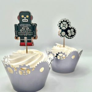 Robot Cupcake Topper | Robot Cake | Robot Birthday Party | Time to Gear Up Birthday | Lets Go Nuts Birthday | (Black)
