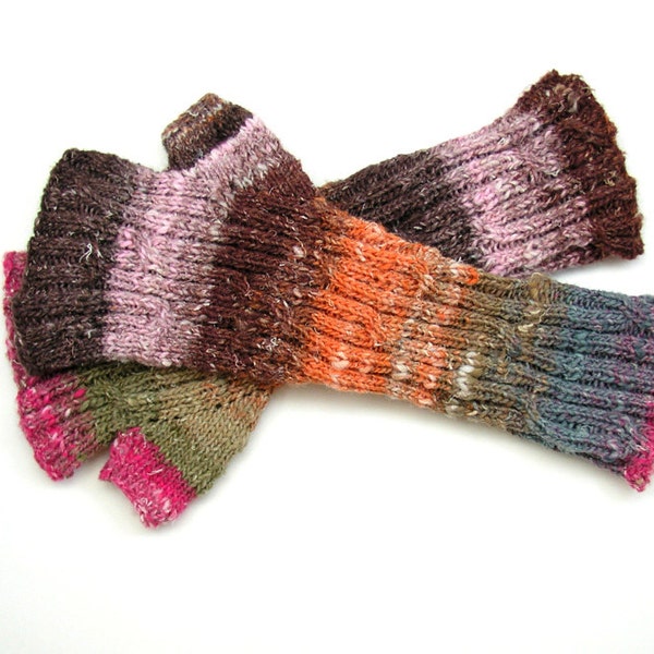 Fingerless Mitts | Handknit Mitts, Arm Warmers, Noro Yarn Mitts, Multicolor Mitts, Wandering Vine, Women's Mitts, Brown, Orange, Pink