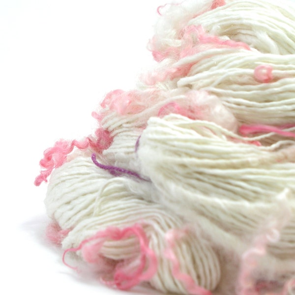 Merino Silk Faux Cashmere | Handspun Yarn,  Wensleydale Locks, White, Pink, Tailspun Yarn, Art Yarn, Textured Yarn, Artisan Yarn - SHAGGY