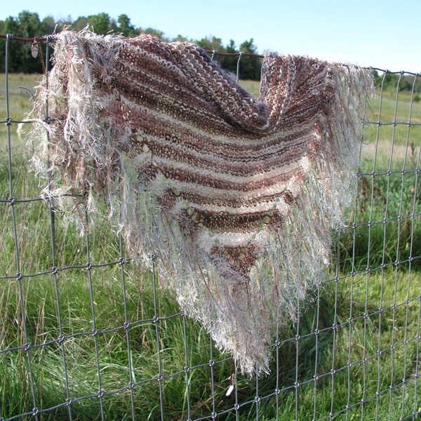 Boho Scarf, Triangle Scarf, Fringe Scarf, Handknit Shawl, Brown, Women's Wrap, Three Season Shawl, Handknit Scarf, Gift for Her, Handspun