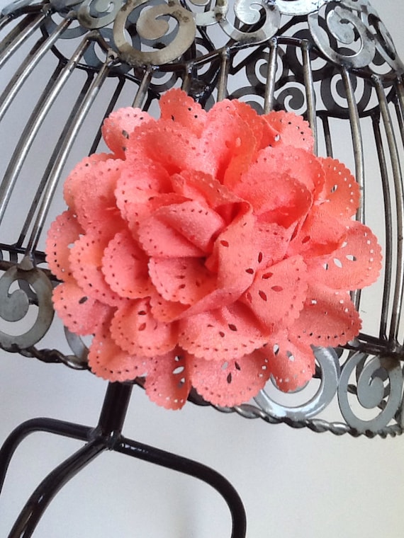 Items similar to Coral hair clip coral eyelet lace flower hair clip