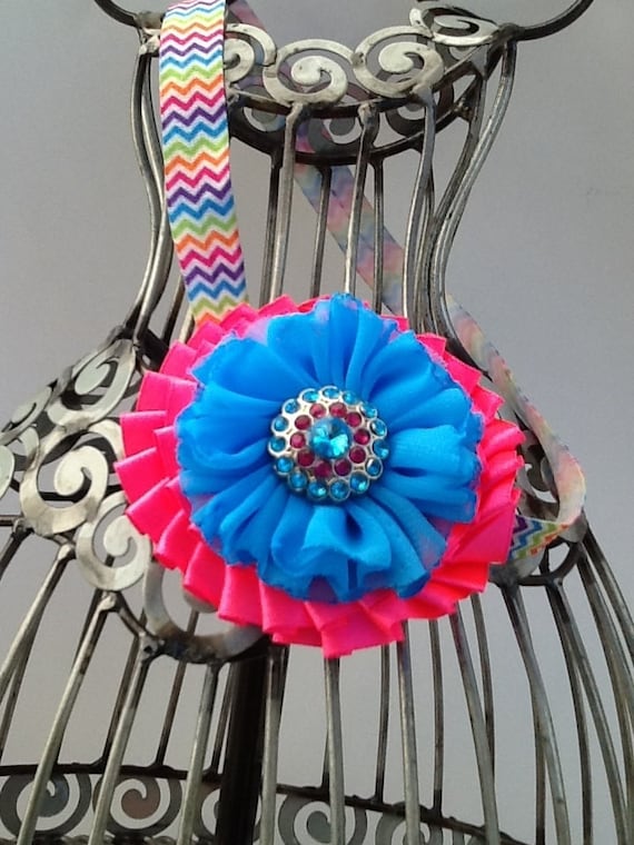 Items similar to Rainbow headband, chevron print flower headband