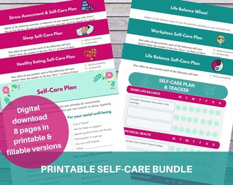 Printable Self Care Bundle that includes Self-Care Checklists, a Life-Balance Wheel, and Self-Care Planners
