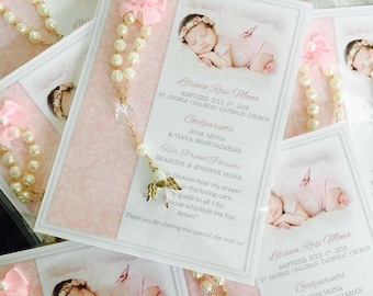 Personalized Baptism Favor Cards with Rosaries