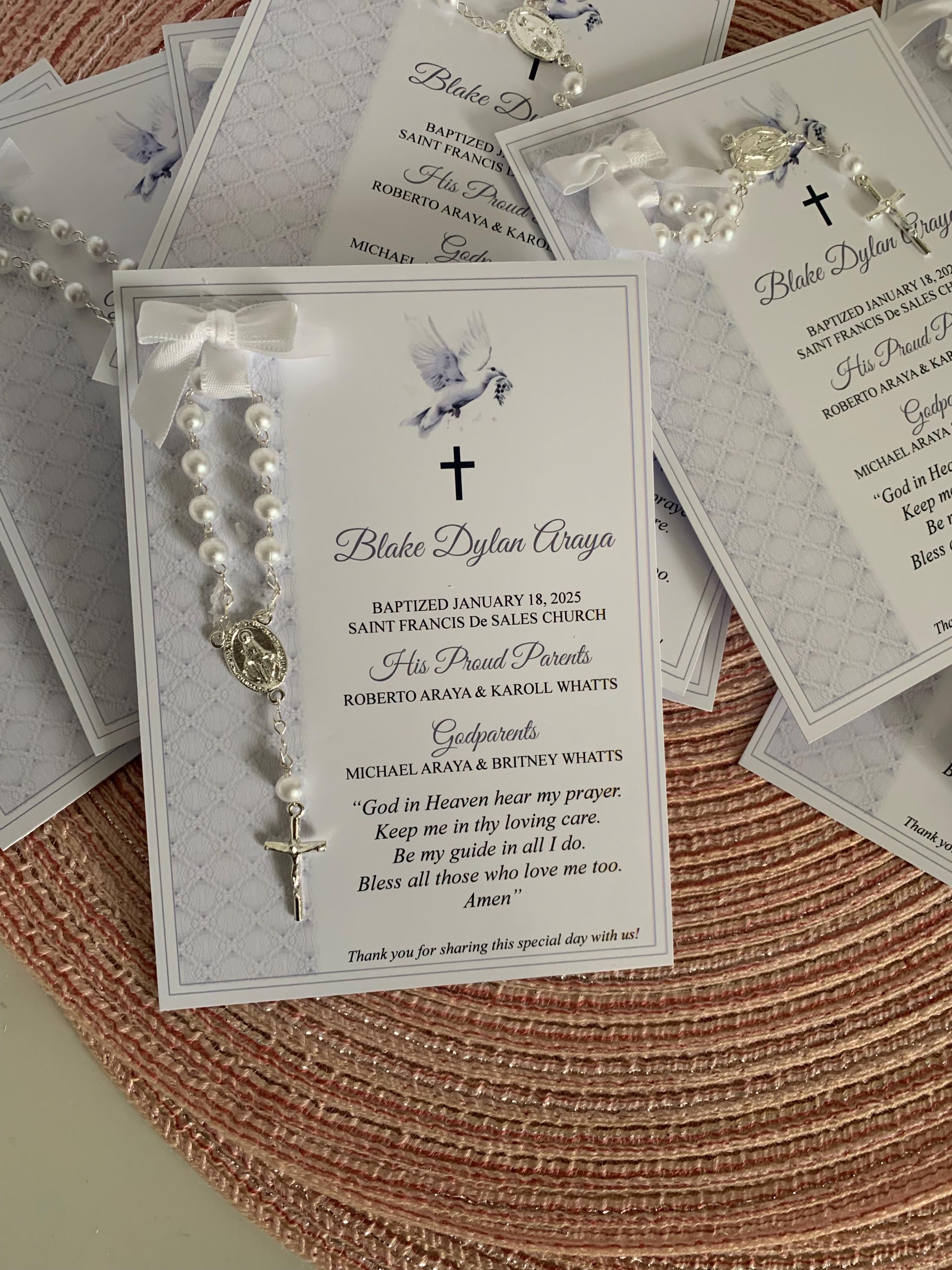 Cartes de cadeau de baptême avec chapelets, cadeaux de baptême, cartes de baptême avec chapelets, cartes de chapelet, cadeaux de chapelet, souvenirs de baptême, cartes de colombe