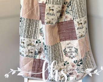 Boho woodland quilt - bold florals and soft woodland friends - fearfully and wonderfully made baby / toddler quilt
