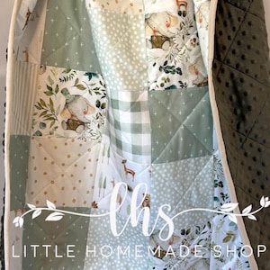 Elephant Woodland Baby Quilt: Neutral Nursery Crib Blanket