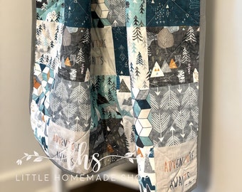 Adventure Quilt - gray and teal - arrow - mountains - Adventure Awaits - modern baby quilt - whole cloth quilt