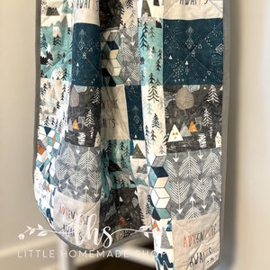 Adventure Quilt - gray and teal - arrow - mountains - Adventure Awaits - modern baby quilt - whole cloth quilt