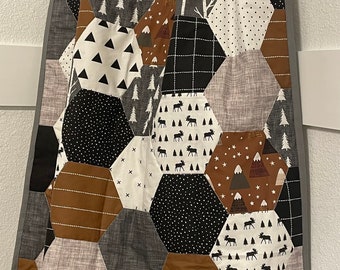 Adventure Quilt - woodland quilt - moose - mountains - brown, gray and black - modern baby quilt - whole cloth quilt toddler quilt