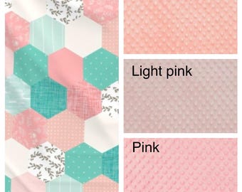 Floral Hexagon Baby Quilt: pink, teal, peach and mint