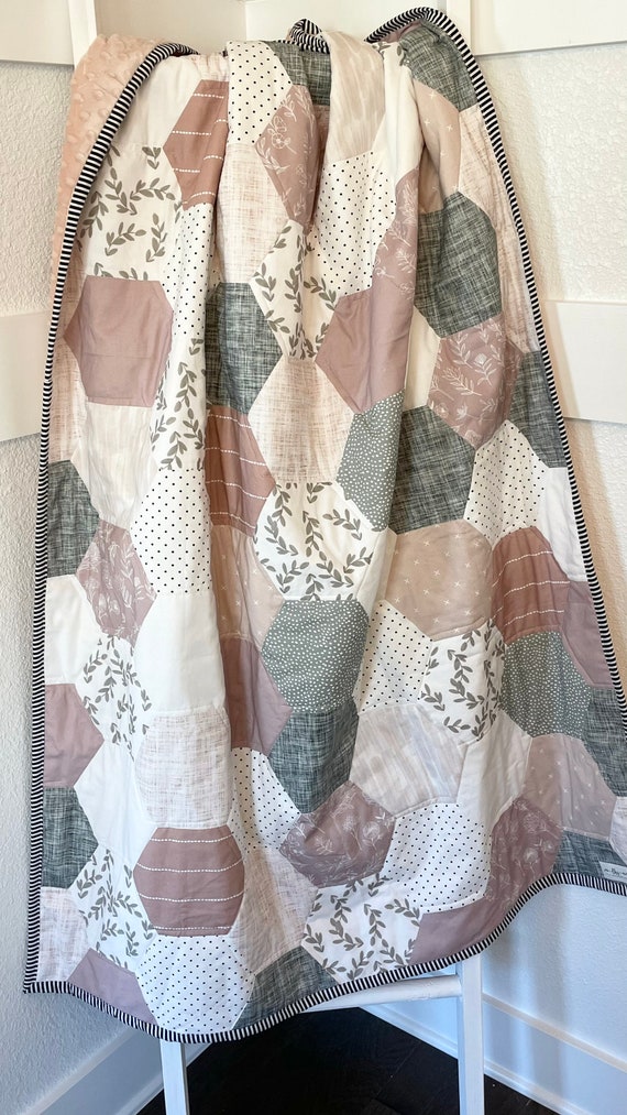 Soft Simple Floral Baby Toddler Quilt Mauve and Taupe Hexagon