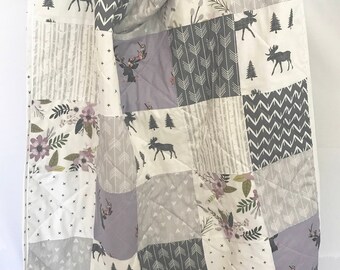 Girl crib quilt - woodland - lavender and Gray -  Baby quilt - toddler quilt - floral - personalized - embroidered