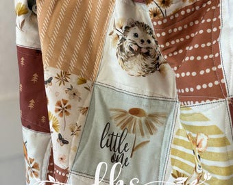Retro Woodland Baby Quilt: Hedgehogs, Owls, Deer - Cotton with Minky Back