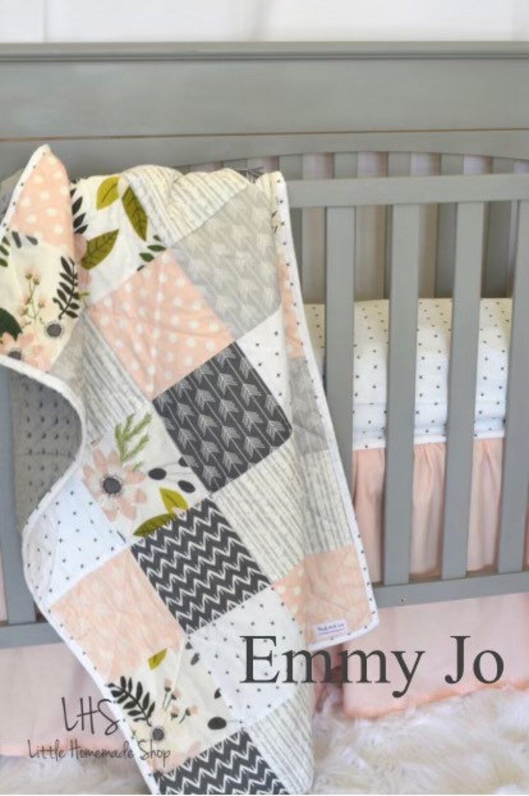 Girl Crib Quilt Blush, Pink and Gray Baby or Toddler Quilt Floral Arrow
