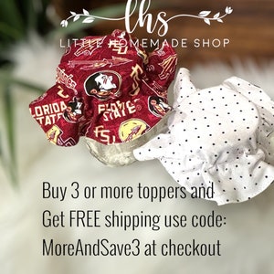 May include: Two fabric toppers for mason jars. One is red with a Florida State Seminoles logo and the other is white with black polka dots. The text on the image reads "Buy 3 or more toppers and Get FREE shipping use code: MoreAndSave3 at checkout."