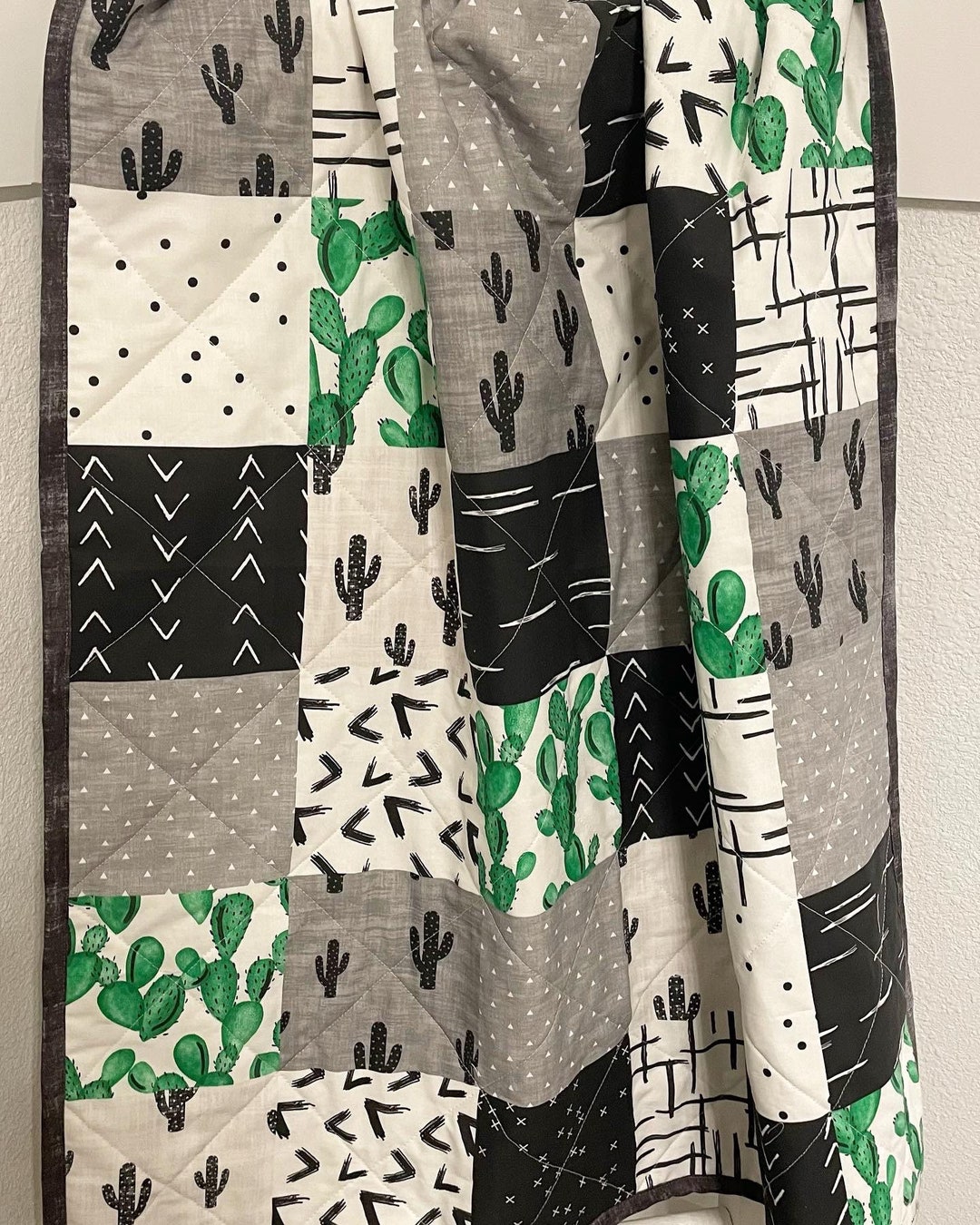 Cactus Quilt / Baby Quilt / Baby Blanket / Black Gray and Green