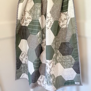 Soft Simple Baby / Toddler quilt green and gray / hexagon baby quilt / gender neutral