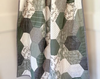 Handmade Hexagon Baby Quilt: Soft Green & Gray Cotton