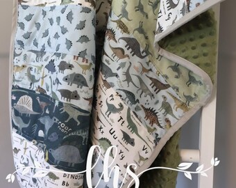 Dino Baby Quilt: Earthy Gray Blue Green Cotton with Minky Back
