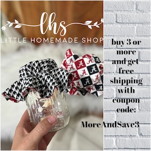 May include: Two fabric jar covers, one black and white houndstooth pattern and one red and black with the letter "A" repeated. The text "buy 3 or more and get free shipping with coupon code: MoreAndSave3" is visible in the image.