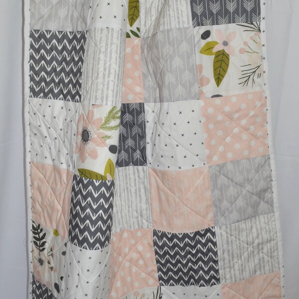 Girl crib quilt - Blush, pink and Gray - Baby or toddler quilt - floral - arrow  - Baby bedding - girls baby bedding - soft - minky