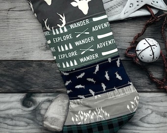 Handmade Quilted Christmas Stocking: Adventure Theme Decor