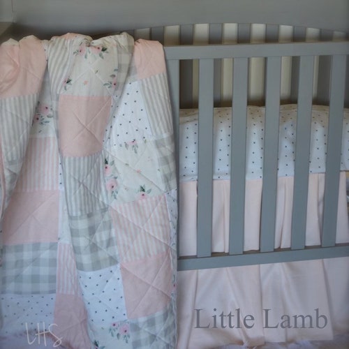 Girl crib quilt - Blush, shops pink and Gray - Baby or toddler quilt - floral - farmhouse - Baby bedding - girls baby bedding - soft - minky -