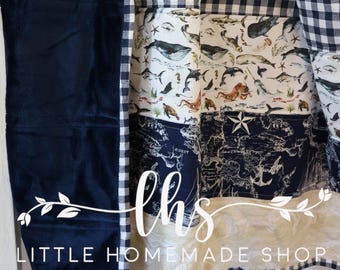 Nautical Baby Quilt: Under the Sea Cotton & Navy Minky Blanket
