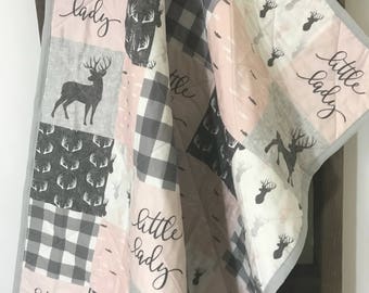 Girls woodland quilt / pink  gray/taupe  / deer / stag / antlers / personalized / minky / baby and toddler  quilt : littl  lady