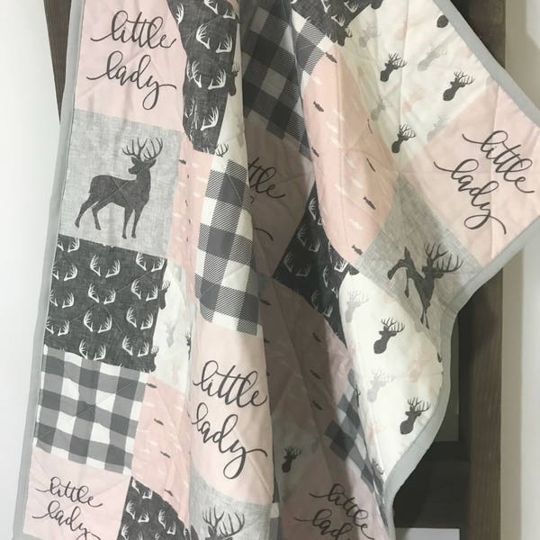 Girls woodland quilt / pink  gray/taupe  / deer / stag / antlers / personalized / minky / baby and toddler  quilt : littl  lady