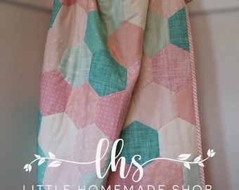 Floral Hexagon Baby Quilt: pink, teal, peach and mint