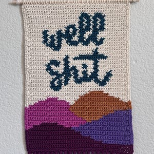 Może przedstawiać: Kremowy szydełkowy obraz ścienny z napisem "well shit" w kolorze morskim. Dół przedstawia krajobraz w odcieniach fioletu, brązu i koloru morskiego, z frędzlami z ciemnofioletowej przędzy. Do zawieszenia użyto drewnianego kołka i kremowego sznurka.