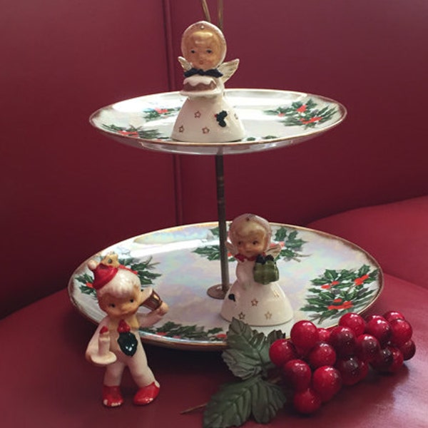 Holiday Tray Two Tier Server Snacks Tidbits Christmas Vintage Holly Berry Pattern