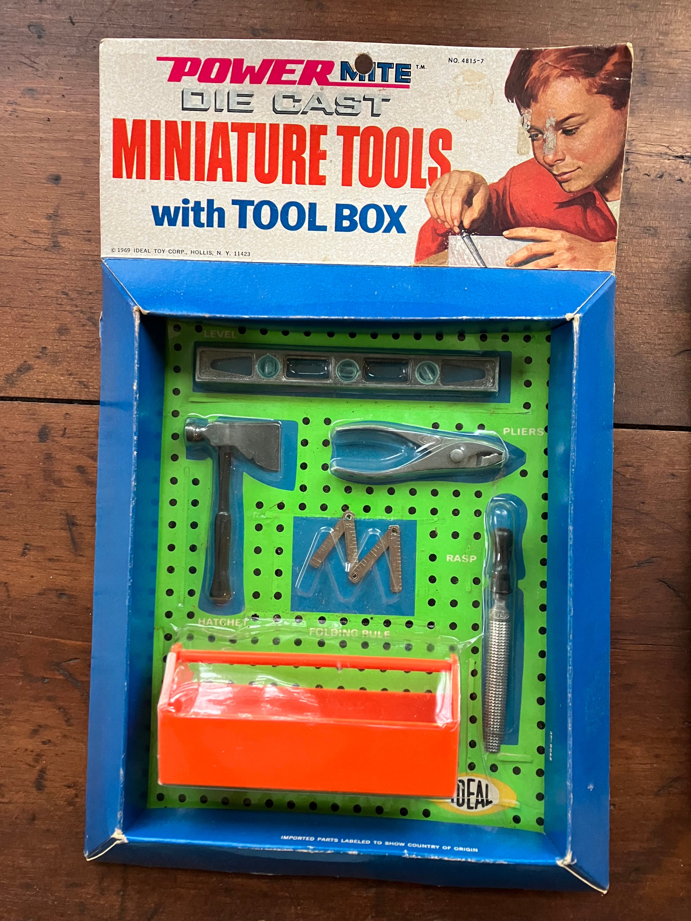 Powermite Miniature Tools With Tool Box Die Cast 1969 Ideal Toy Corp. in  Blister Package. 