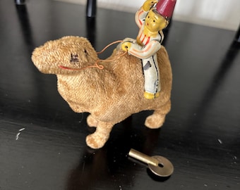 Vintage Windup Toy Mohair and Tin Camel with Rider and Original Key