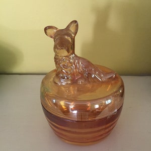 Carnival Glass Cosmetic Jar Scottie Terrier Dog on Lid