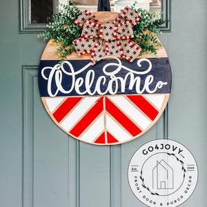 Welcome Wooden Door Hanger: Patriotic USA Front Door Decor