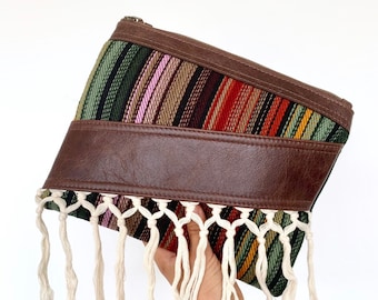 Fallon Tassel Clutch - Brown mexican weave with dark chocolate brown leather trim