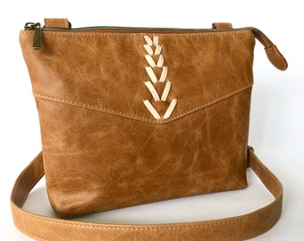 Eva Boho Cross-Body: Light Tan Bovine Leather with Natural Lacing detail.