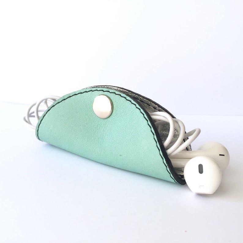 Cordelia Cord Wrap: Two tone leather in mint and metallic silver foil image 1