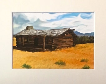 Cabin on the Prairie   Matted print of my original drawing.