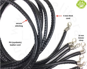 4 mm Vegan Leather Cord Necklace, Black Round Thickest Cord, Adjustable with Clasp 18 -20", Water Repellent, Jewelry Making, Set of 6