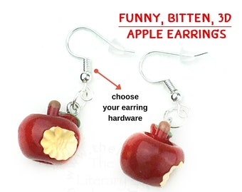Apple Earrings, Bitten 3D Apple Earring, Fun Fruit Dangle Earring, Food Themed Jewelry, Teacher Appreciation Gift, UPICK Earring Hardware