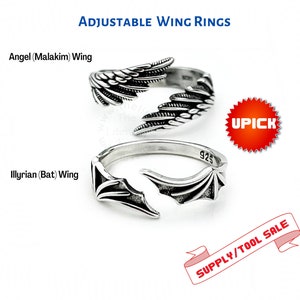 Illyrian Wings Adjustable Ring, S.J. Maas Licensed ACOTAR Night Court Rhysand Crescent City, Bat Boys Angel Malakim Wings, Stackable Rings