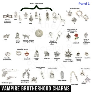 May include: A collection of silver-toned charms with various designs, including a crown, chair, magnifying glass, and vampire fangs. The text "VAMPIRE BROTHERHOOD CHARMS" is at the bottom.