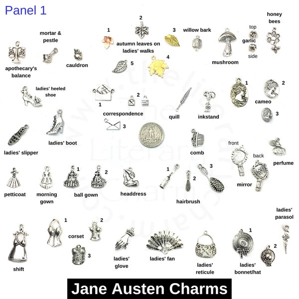 Jane Austen Charms, Jane Austen Gifts, Jane Austen Books, Charms for Bracelets, Charms Pack, Regency, Victorian Jewelry, Sanditon Charms