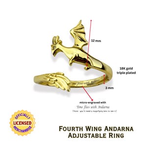 ANDARNA Dragon Wing Adjustable Ring, Rebecca Yarros FOURTH WING Merch, Stackable Ring, Golden Feathertail Dragon Ring, Licensed Merch