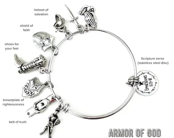 ARMOR of GOD Bangle Bracelet Keychain UPICK, Armor of God Charms, Ephesians 6, Bible Verse Jewelry, Faith based Religious Christian Gifts